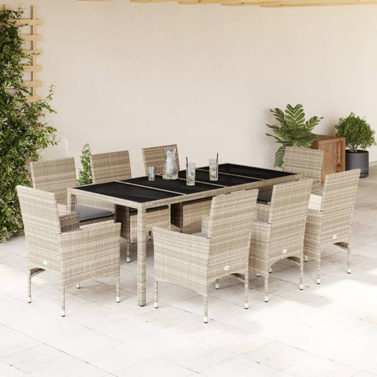 9-tlg. Garten-Essgruppe mit Kissen Hellgrau Poly Rattan & Glas