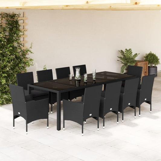 11-tlg. Garten-Essgruppe mit Kissen Schwarz Poly Rattan Glas