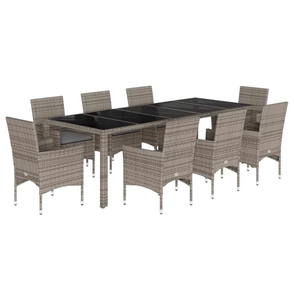 9-tlg. Garten-Essgruppe mit Kissen Grau Poly Rattan und Glas