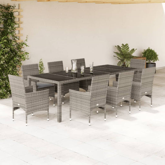 9-tlg. Garten-Essgruppe mit Kissen Grau Poly Rattan und Glas