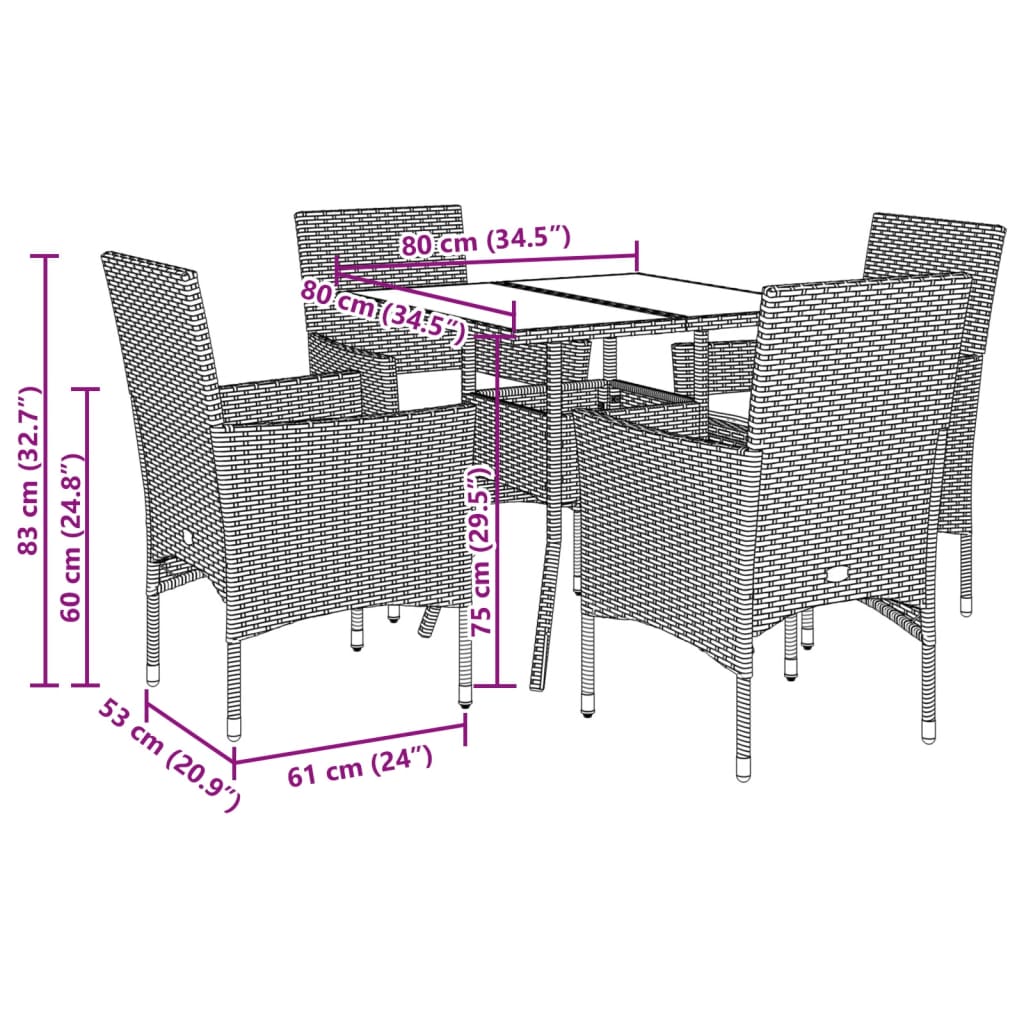 5-tlg. Garten-Essgruppe mit Kissen Schwarz Poly Rattan und Glas