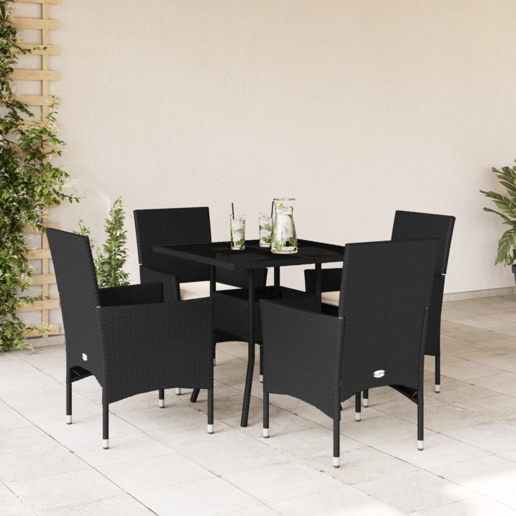 5-tlg. Garten-Essgruppe mit Kissen Schwarz Poly Rattan und Glas