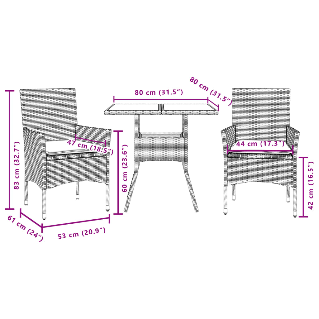 3-tlg. Garten-Essgruppe mit Kissen Schwarz Poly Rattan Glas