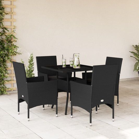 5-tlg. Garten-Essgruppe mit Kissen Schwarz Poly Rattan und Glas