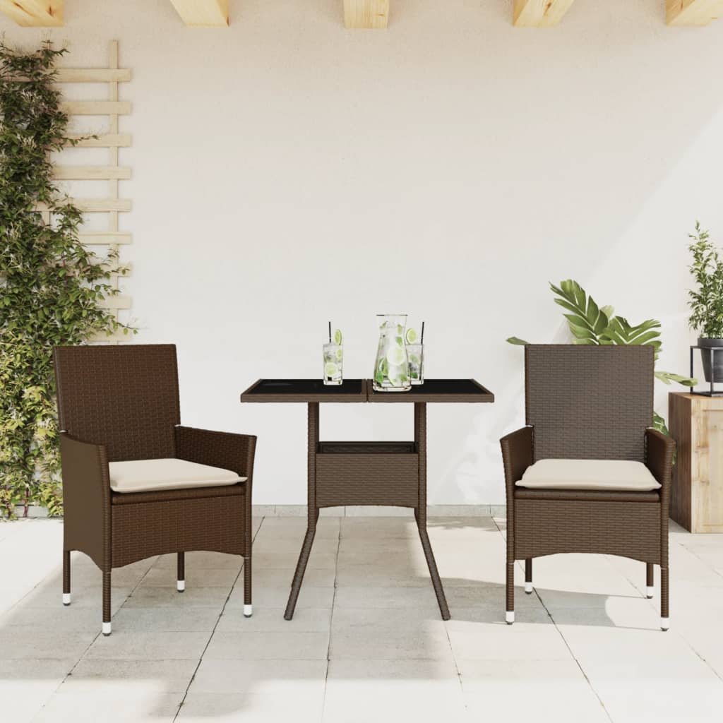 3-tlg. Garten-Essgruppe mit Kissen Braun Poly Rattan Glas