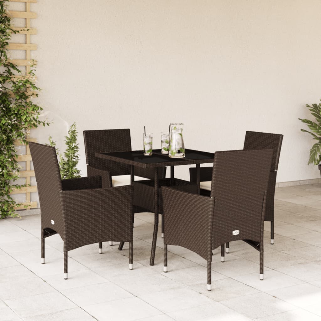 5-tlg. Garten-Essgruppe mit Kissen Braun Poly Rattan Glas