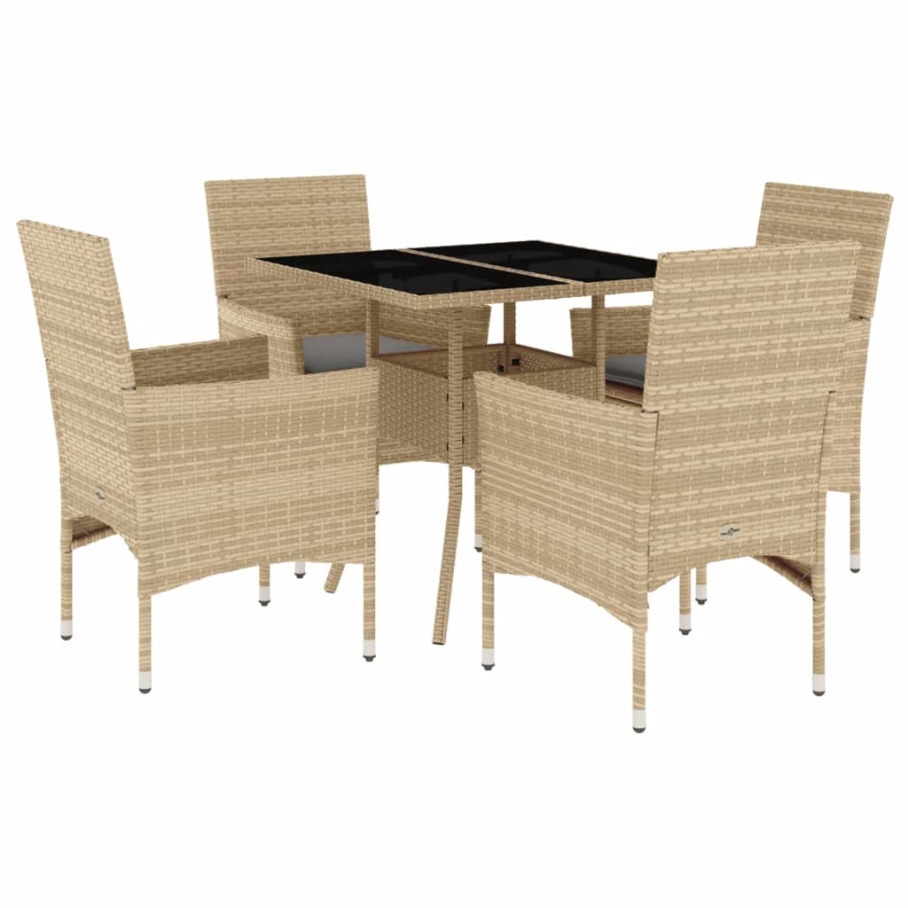 5-tlg. Garten-Essgruppe mit Kissen Beige Poly Rattan und Glas