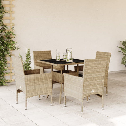 5-tlg. Garten-Essgruppe mit Kissen Beige Poly Rattan und Glas