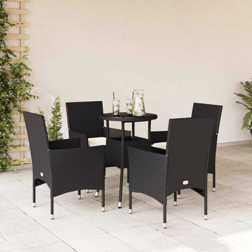 5-tlg. Garten-Essgruppe mit Kissen Schwarz Poly Rattan und Glas