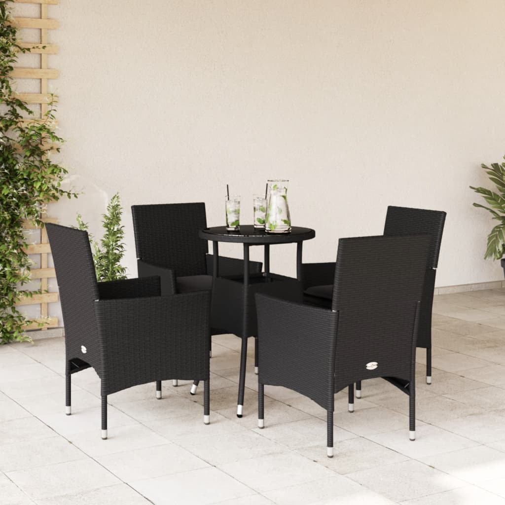 5-tlg. Garten-Essgruppe mit Kissen Schwarz Poly Rattan und Glas