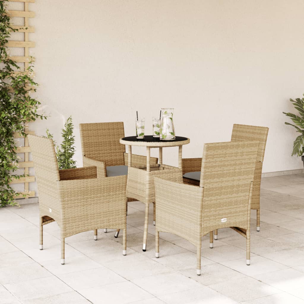 5-tlg. Garten-Essgruppe mit Kissen Beige Poly Rattan und Glas