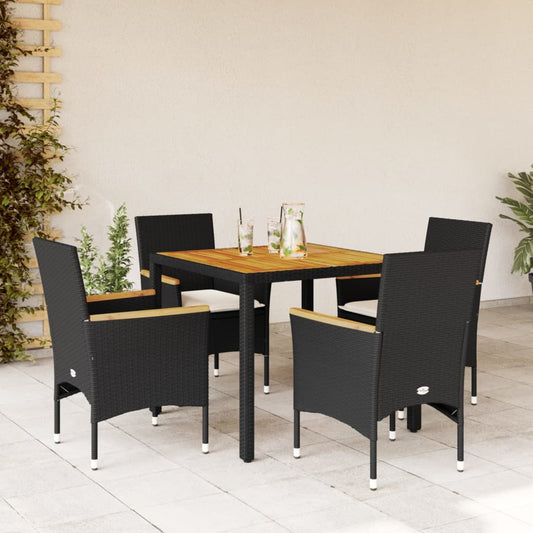 5-tlg. Garten-Essgruppe mit Kissen Schwarz Poly Rattan Akazie