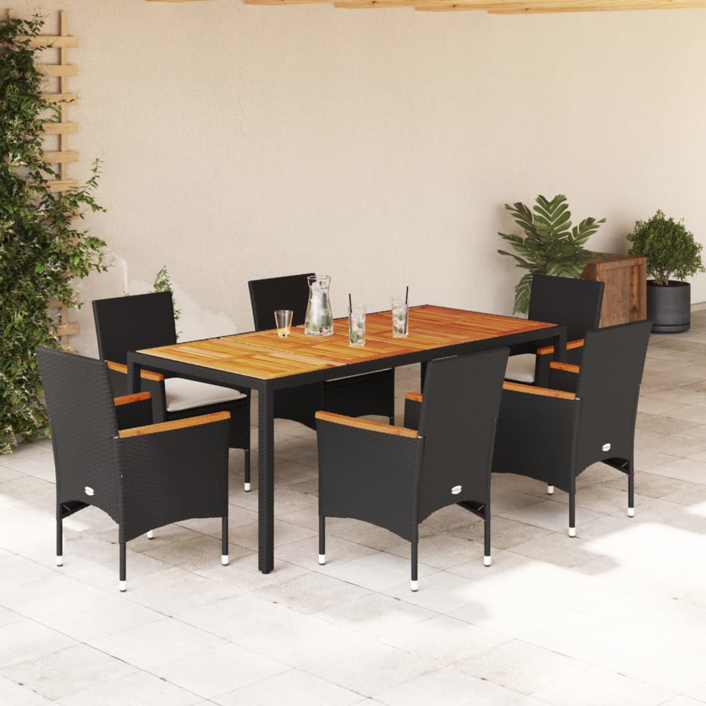 7-tlg. Garten-Essgruppe mit Kissen Schwarz Poly Rattan Akazie