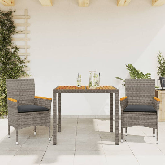 3-tlg. Garten-Essgruppe mit Kissen Grau Poly Rattan Akazie