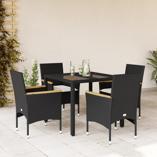 5-tlg. Garten-Essgruppe mit Kissen Schwarz Poly Rattan und Glas