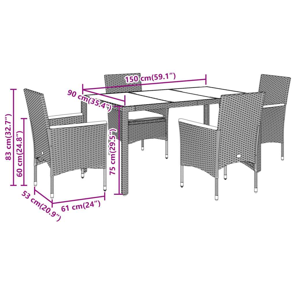 5-tlg. Garten-Essgruppe mit Kissen Schwarz Poly Rattan und Glas