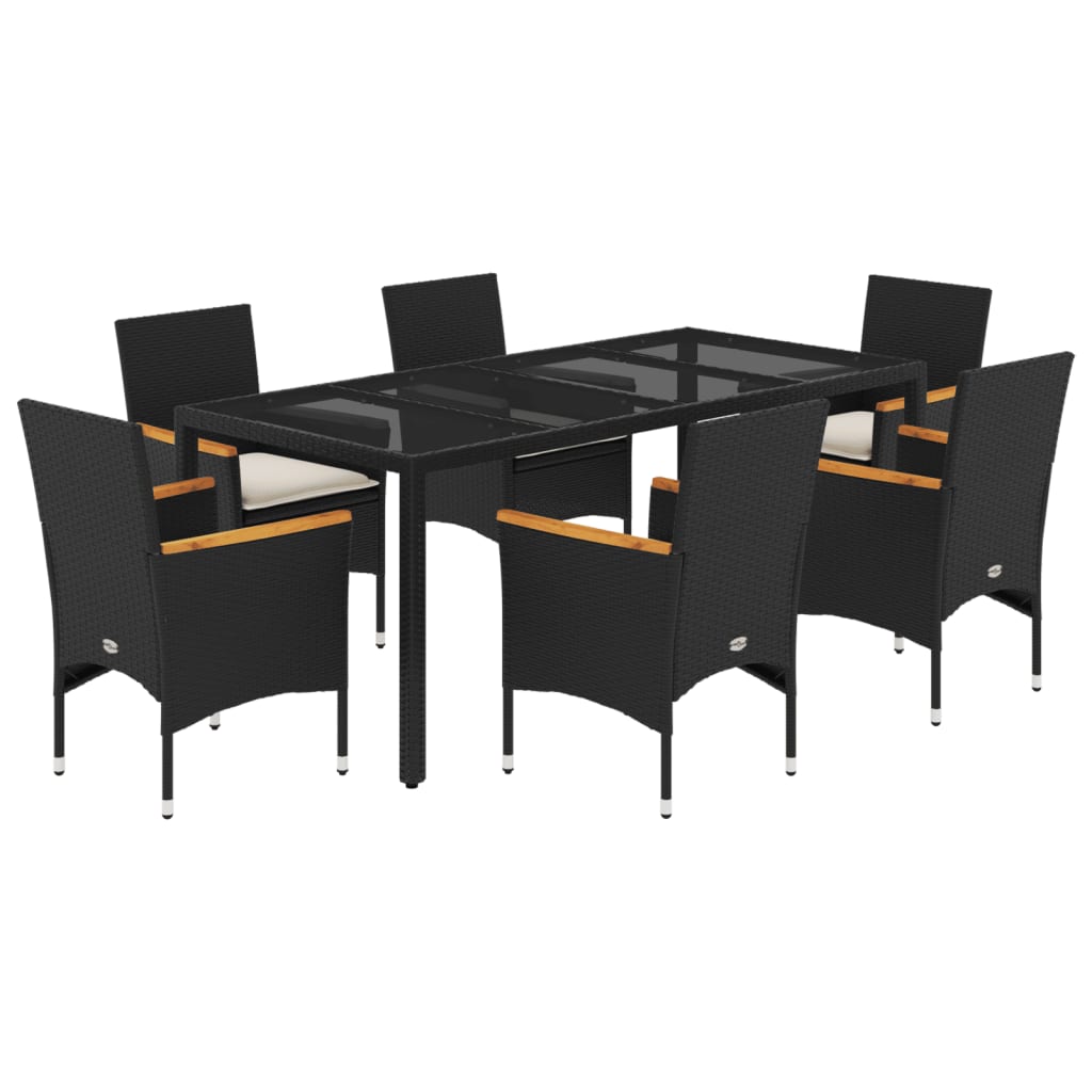 7-tlg. Garten-Essgruppe mit Kissen Schwarz Poly Rattan Glas