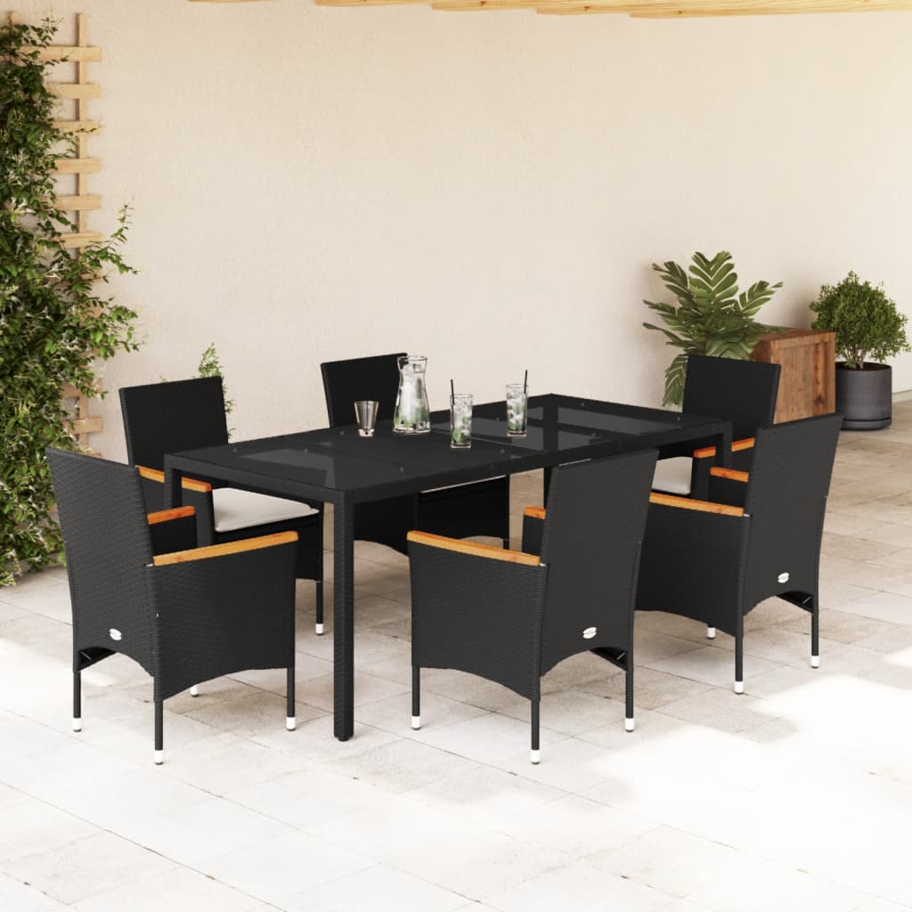 7-tlg. Garten-Essgruppe mit Kissen Schwarz Poly Rattan Glas