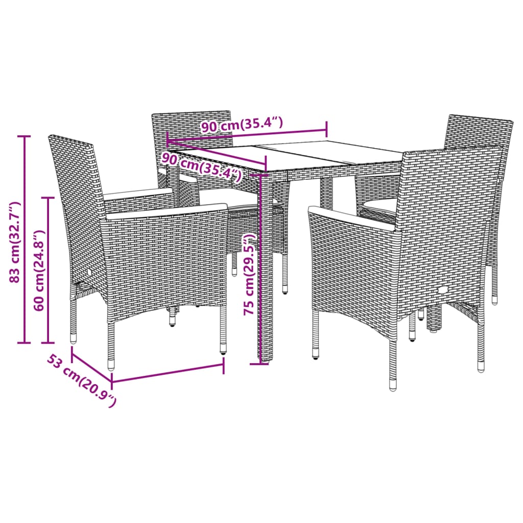 5-tlg. Garten-Essgruppe mit Kissen Grau Poly Rattan und Glas