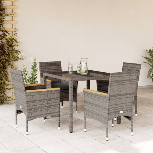 5-tlg. Garten-Essgruppe mit Kissen Grau Poly Rattan und Glas