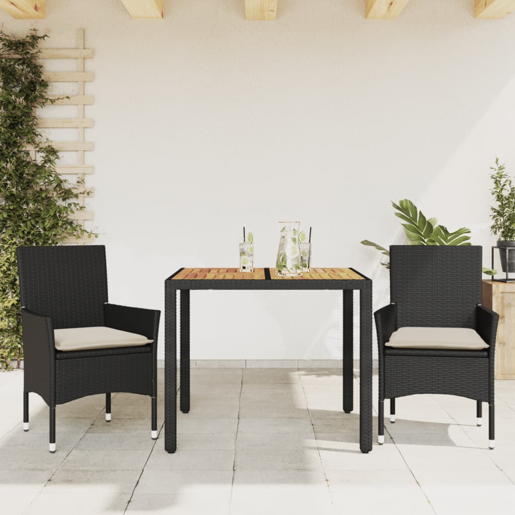 3-tlg. Garten-Essgruppe mit Kissen Schwarz Poly Rattan Akazie