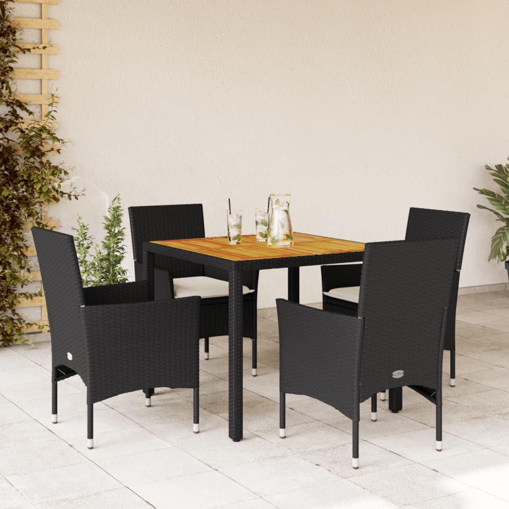 5-tlg. Garten-Essgruppe mit Kissen Schwarz Poly Rattan Akazie