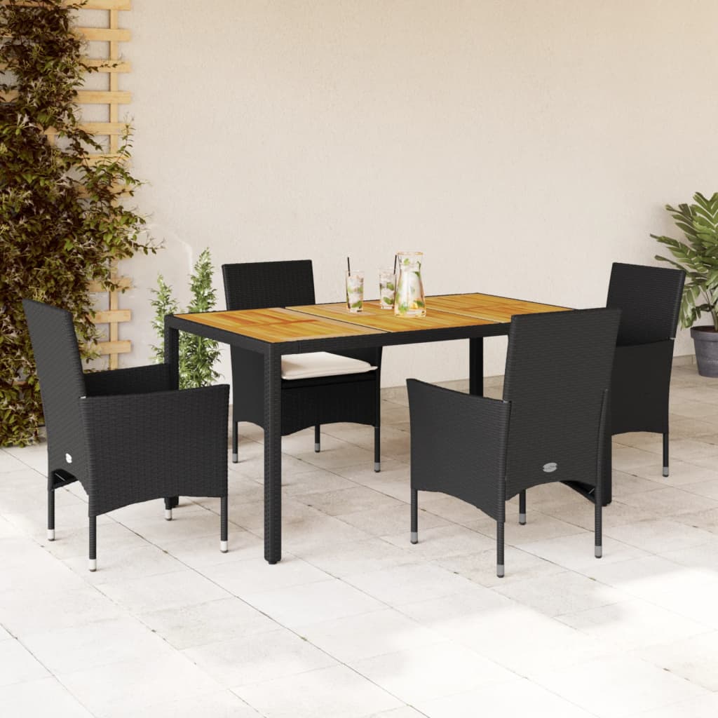 5-tlg. Garten-Essgruppe mit Kissen Schwarz Poly Rattan Akazie