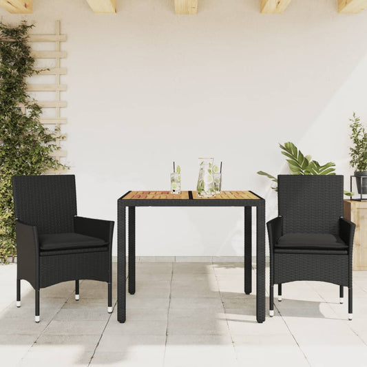 3-tlg. Garten-Essgruppe mit Kissen Schwarz Poly Rattan Akazie