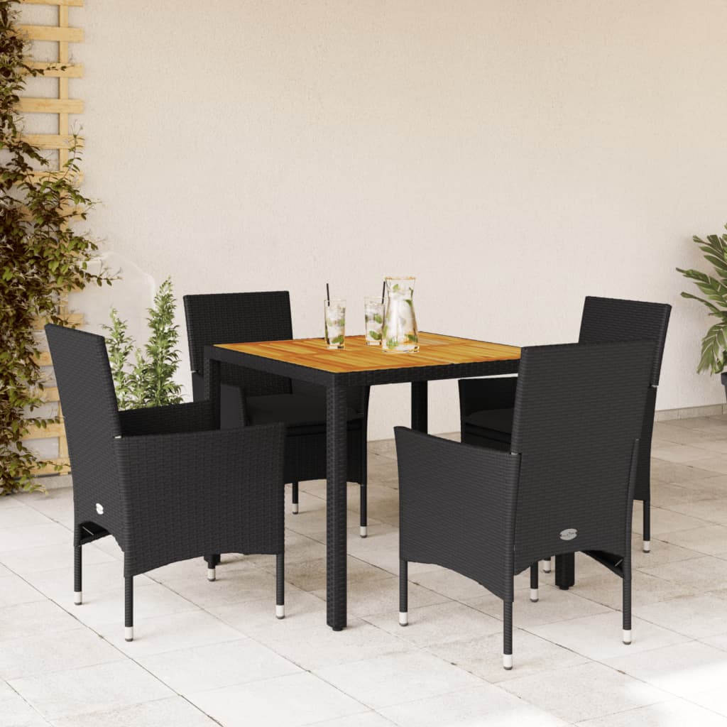 5-tlg. Garten-Essgruppe mit Kissen Schwarz Poly Rattan Akazie