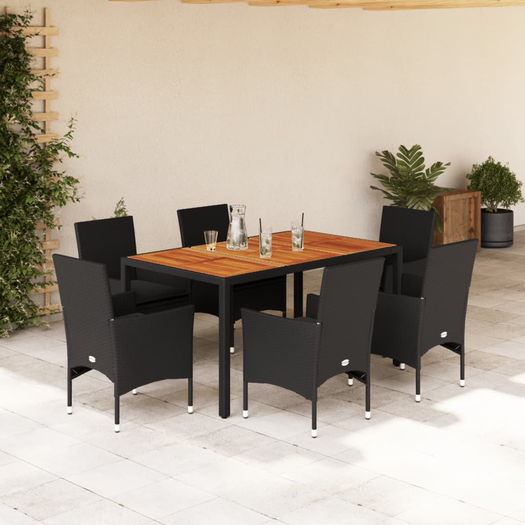 7-tlg. Garten-Essgruppe mit Kissen Schwarz Poly Rattan Akazie