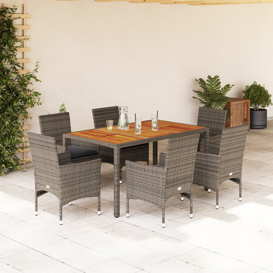 7-tlg. Garten-Essgruppe mit Kissen Grau Poly Rattan Akazie