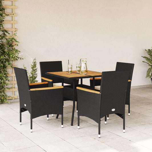 5-tlg. Garten-Essgruppe mit Kissen Schwarz Poly Rattan Akazie