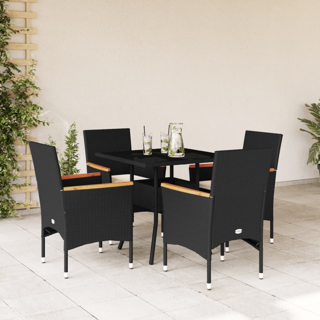 5-tlg. Garten-Essgruppe mit Kissen Schwarz Poly Rattan und Glas