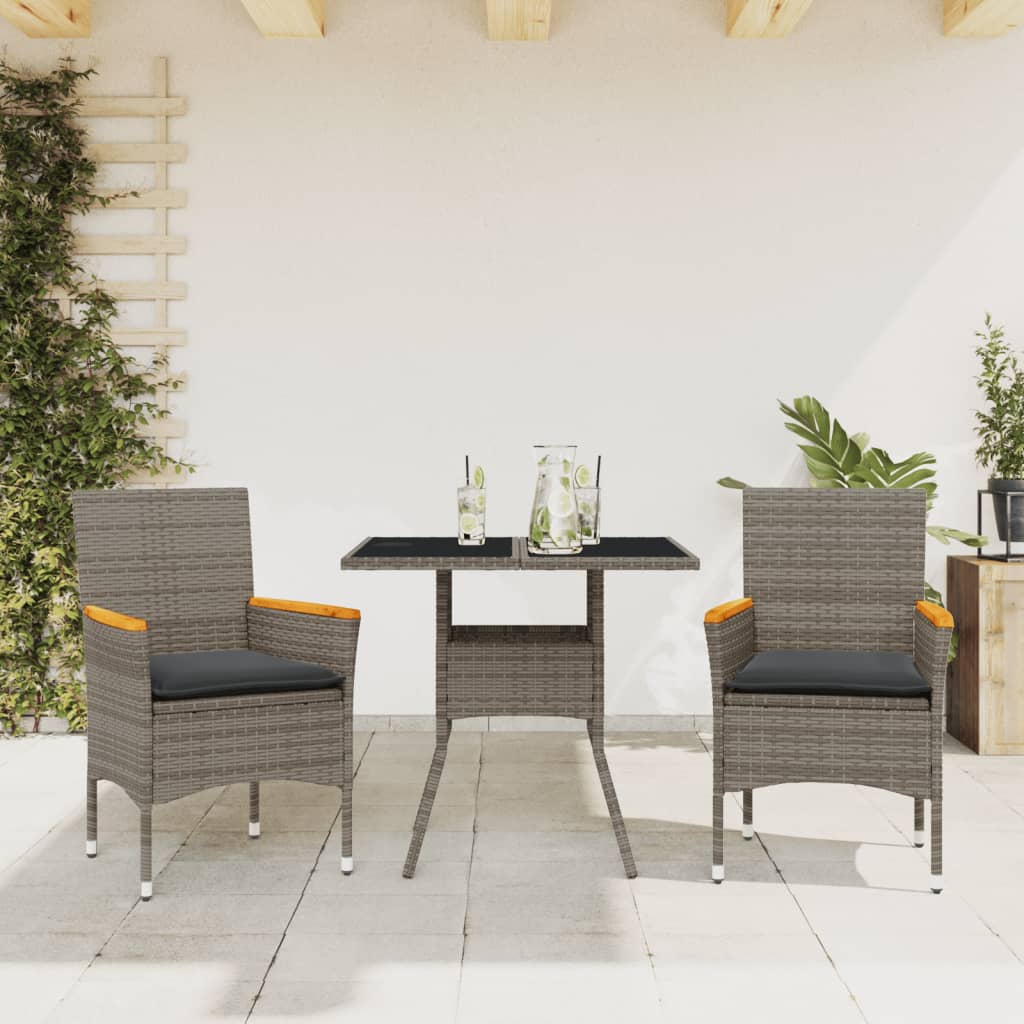 3-tlg. Garten-Essgruppe mit Kissen Grau Poly Rattan und Glas