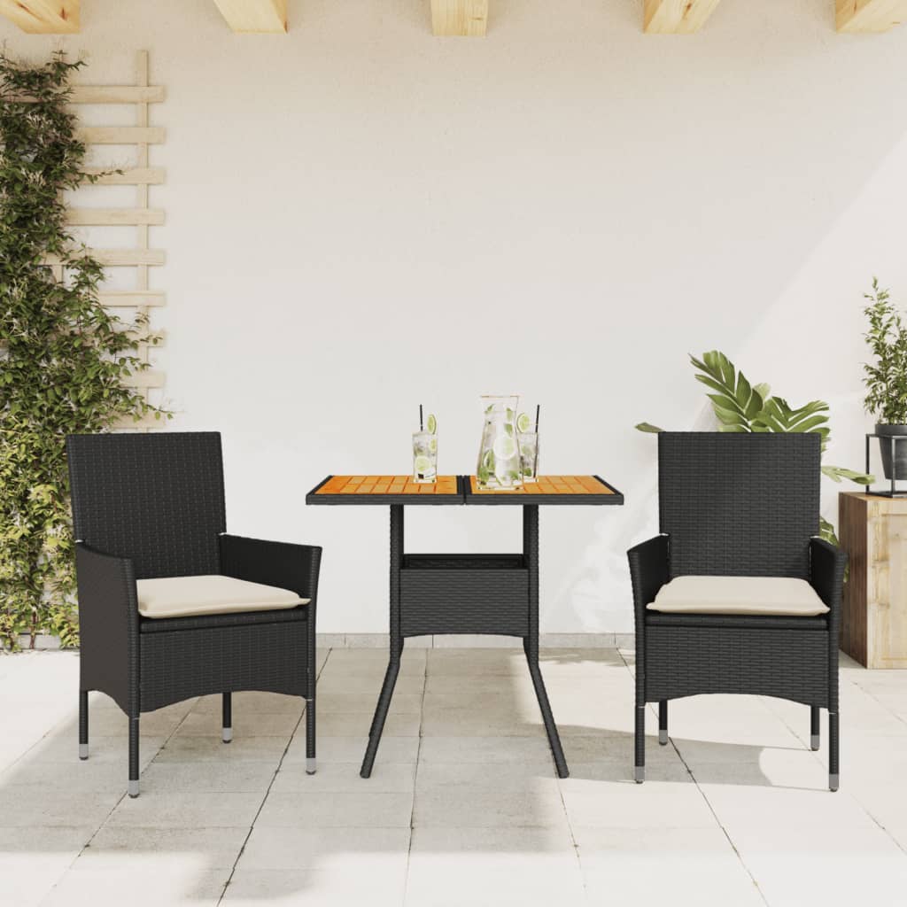 3-tlg. Garten-Essgruppe mit Kissen Schwarz Poly Rattan Akazie