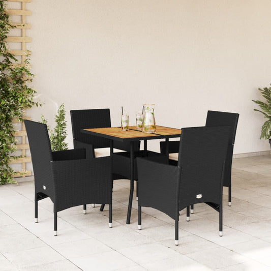 5-tlg. Garten-Essgruppe mit Kissen Schwarz Poly Rattan Akazie