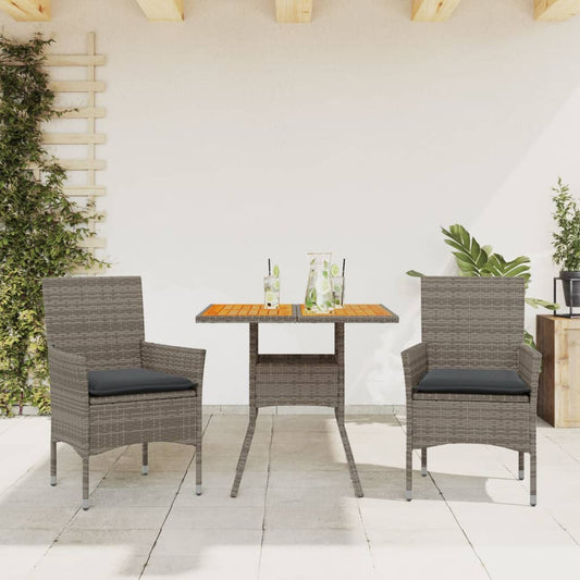 3-tlg. Garten-Essgruppe mit Kissen Grau Poly Rattan Akazie