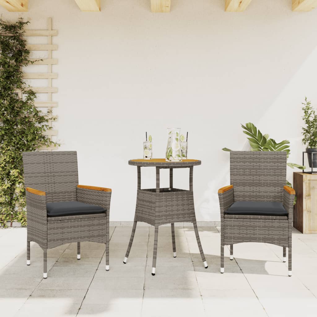 3-tlg. Garten-Essgruppe mit Kissen Grau Poly Rattan Akazie