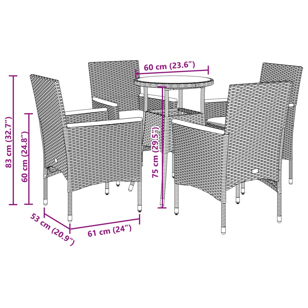 5-tlg. Garten-Essgruppe mit Kissen Grau Poly Rattan Akazie