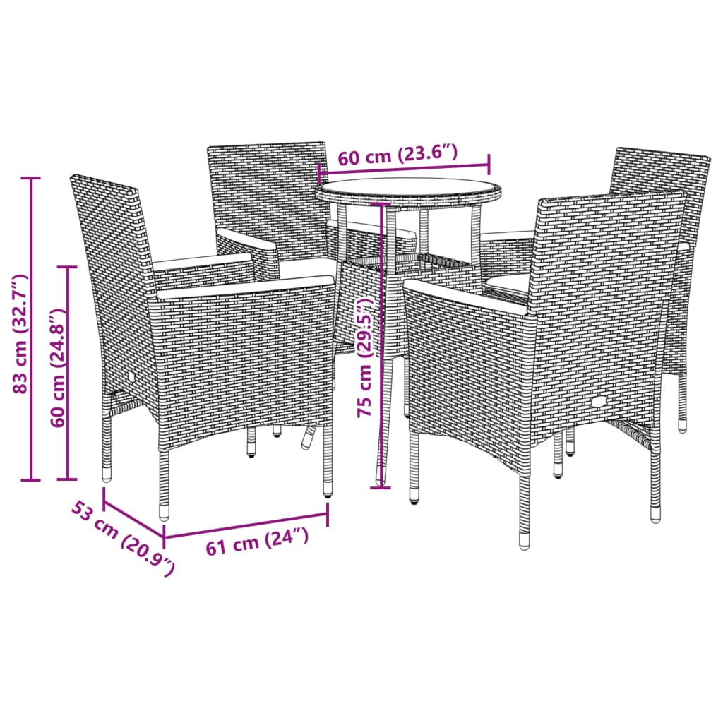 5-tlg. Garten-Essgruppe mit Kissen Schwarz Poly Rattan und Glas