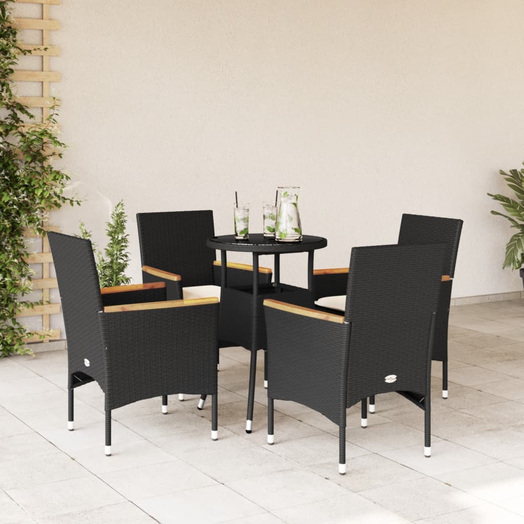 5-tlg. Garten-Essgruppe mit Kissen Schwarz Poly Rattan und Glas