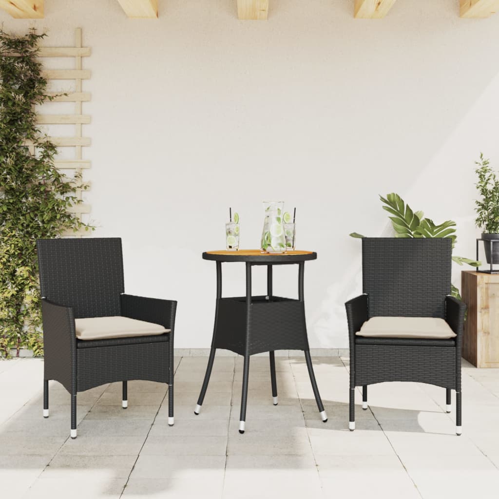 3-tlg. Garten-Essgruppe mit Kissen Schwarz Poly Rattan Akazie