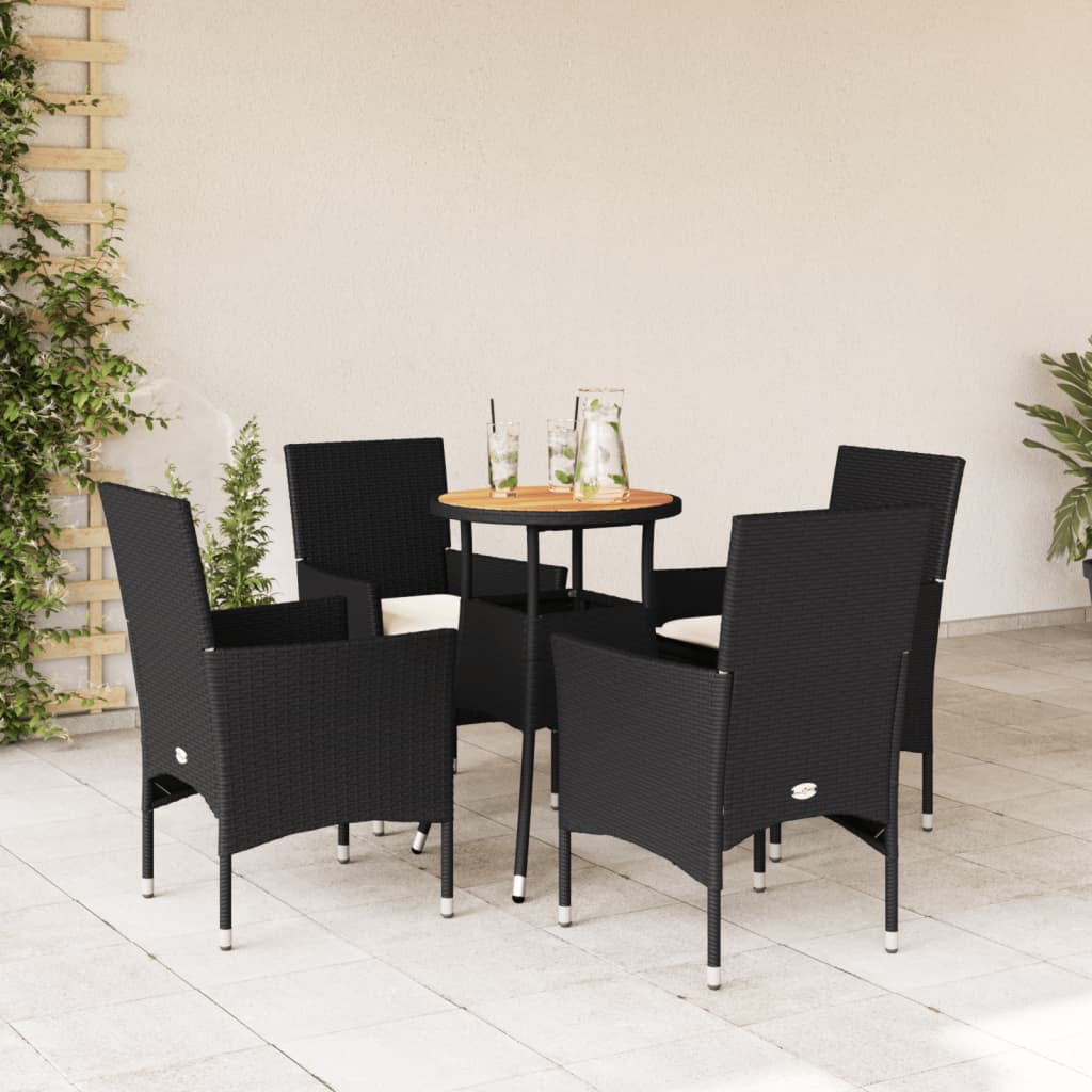 5-tlg. Garten-Essgruppe mit Kissen Schwarz Poly Rattan Akazie