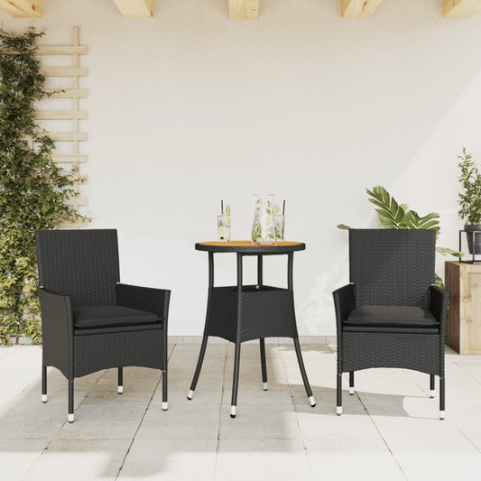 3-tlg. Garten-Essgruppe mit Kissen Schwarz Poly Rattan Akazie