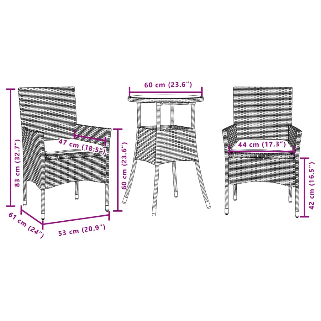 3-tlg. Garten-Essgruppe mit Kissen Grau Poly Rattan Akazie