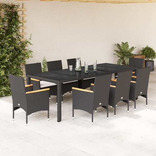 9-tlg. Garten-Essgruppe mit Kissen Schwarz Poly Rattan und Glas