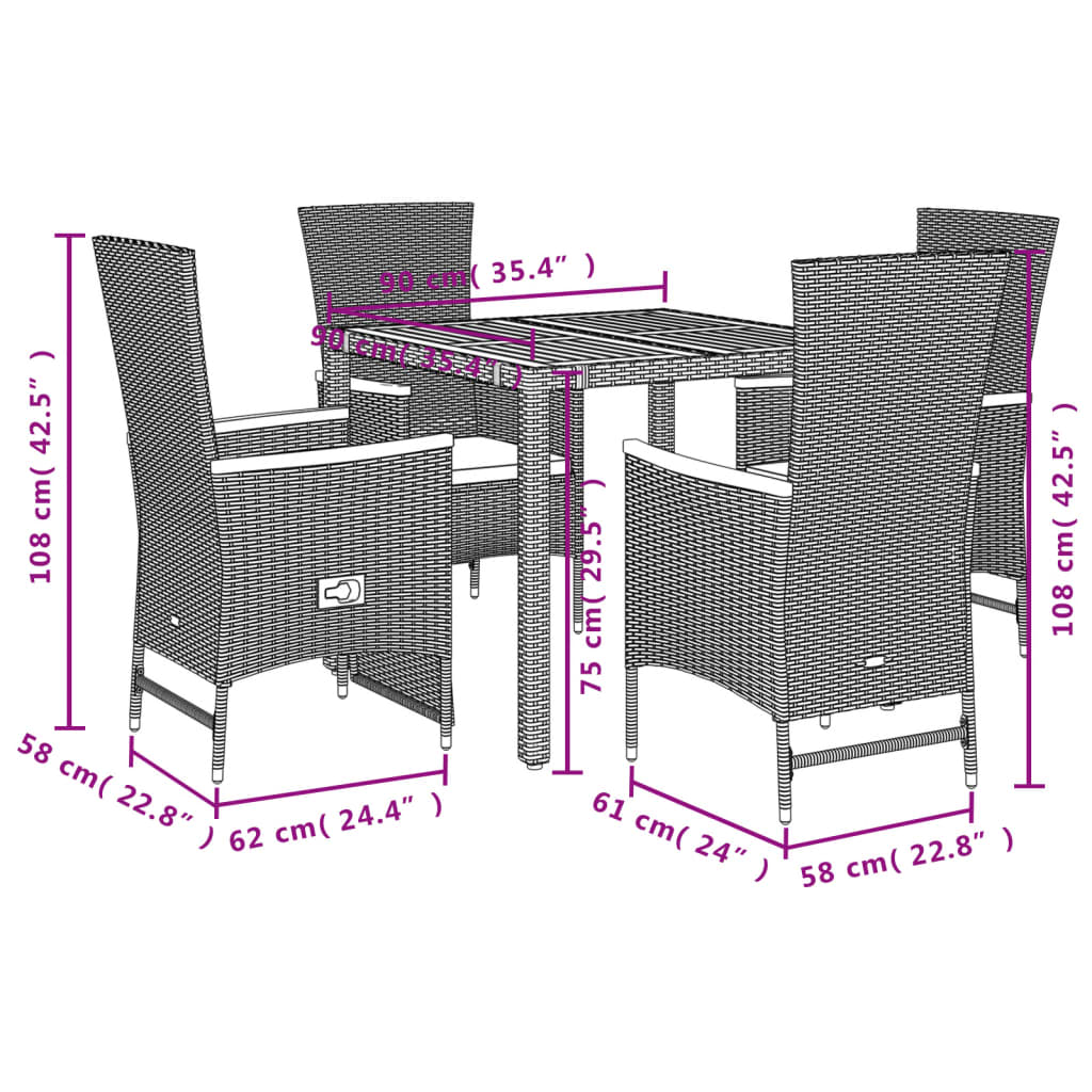 5-tlg. Garten-Essgruppe mit Kissen Schwarz Poly Rattan