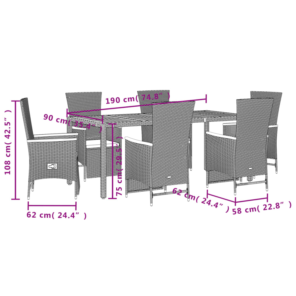 7-tlg. Garten-Essgruppe mit Kissen Schwarz Poly Rattan