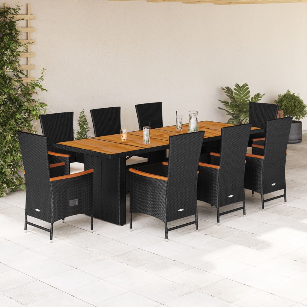 9-tlg. Garten-Essgruppe mit Kissen Schwarz Poly Rattan