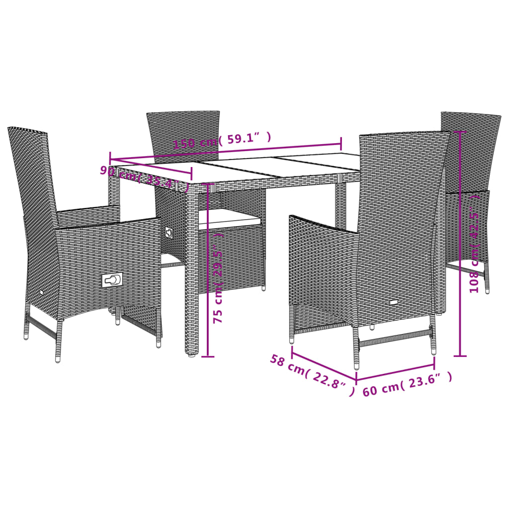 5-tlg. Garten-Essgruppe mit Kissen Beige Poly Rattan